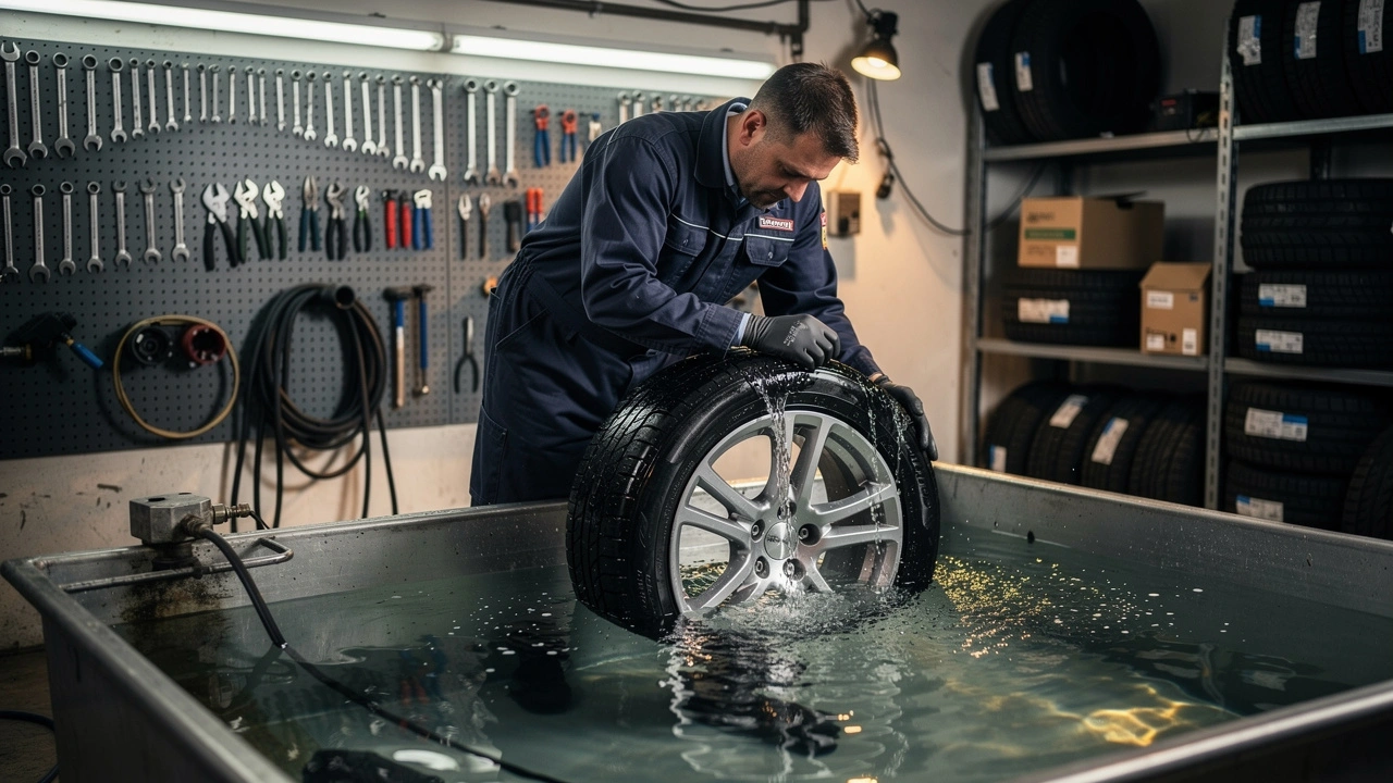 Mechanik diagnozuje oponę zanurzoną w wannie z wodą