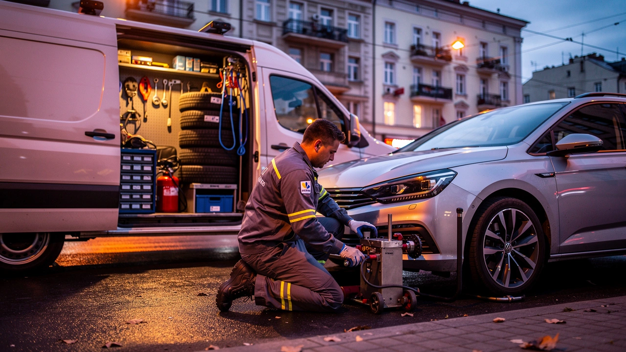 Mobilny serwis wulkanizacyjny przy aucie na ulicy