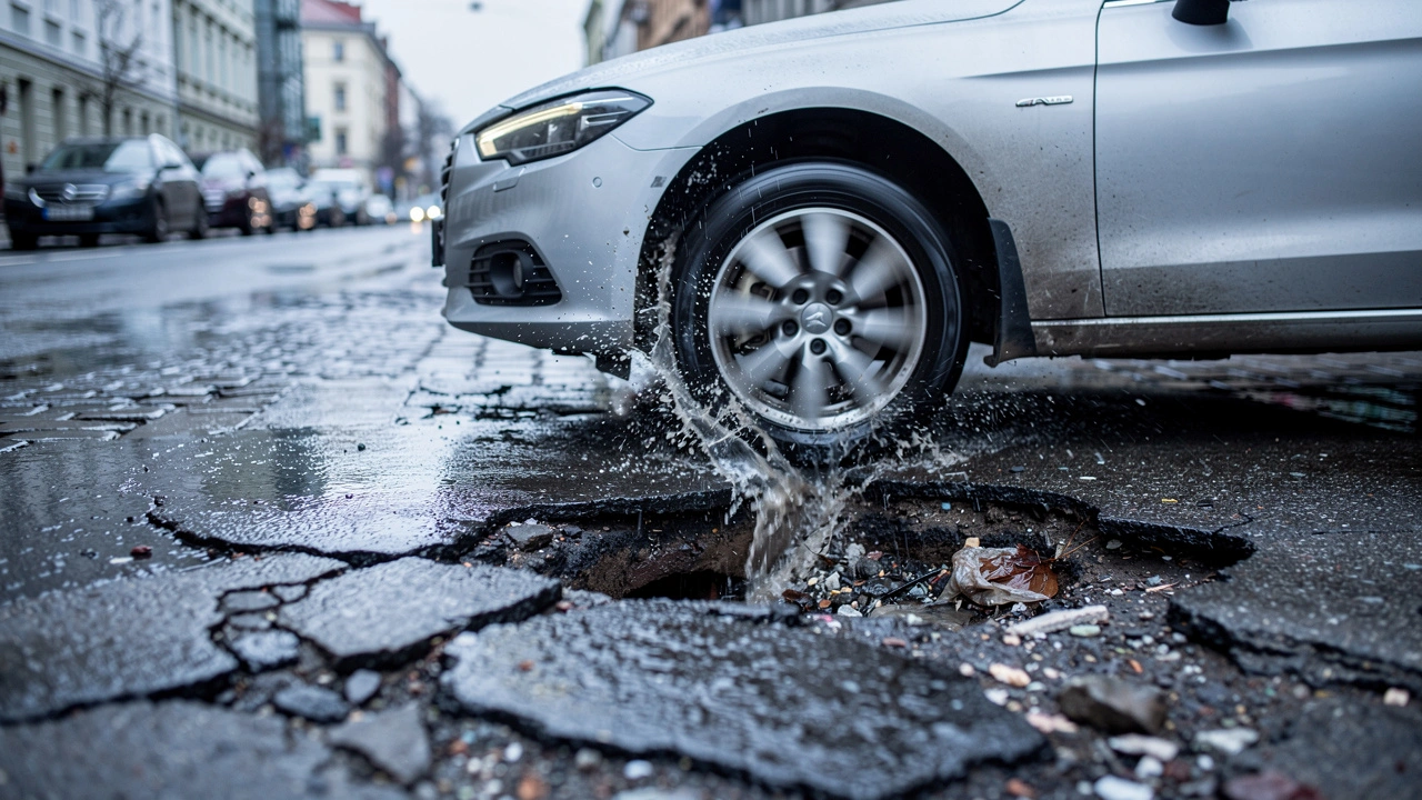 Samochód wjeżdżający w dziurę na warszawskiej ulicy