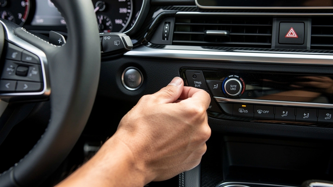Ręka kierowcy naciska przycisk resetu systemu TPMS