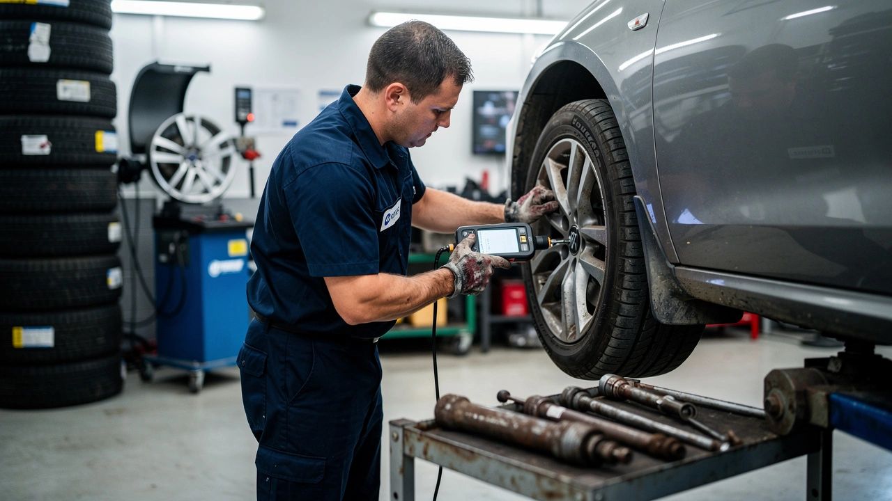 Technik serwisu wykonujący diagnostykę czujników TPMS w warsztacie