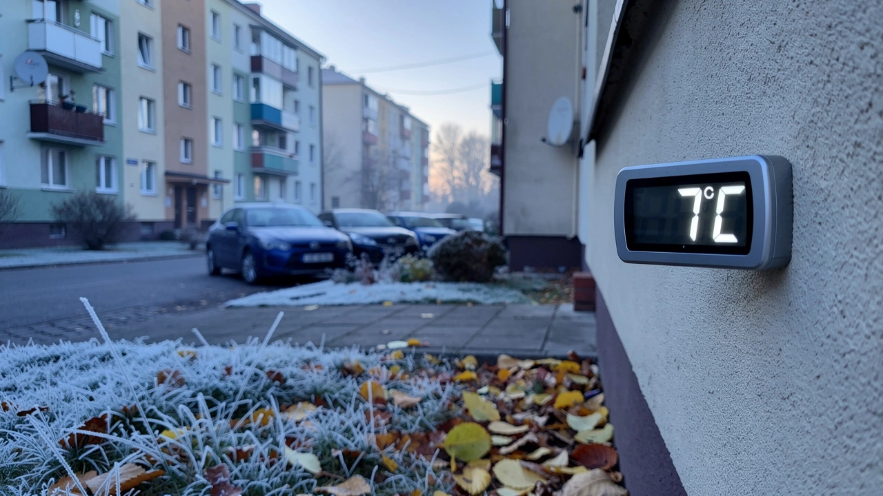 Termometr pokazujący siedem stopni Celsjusza przy budynku